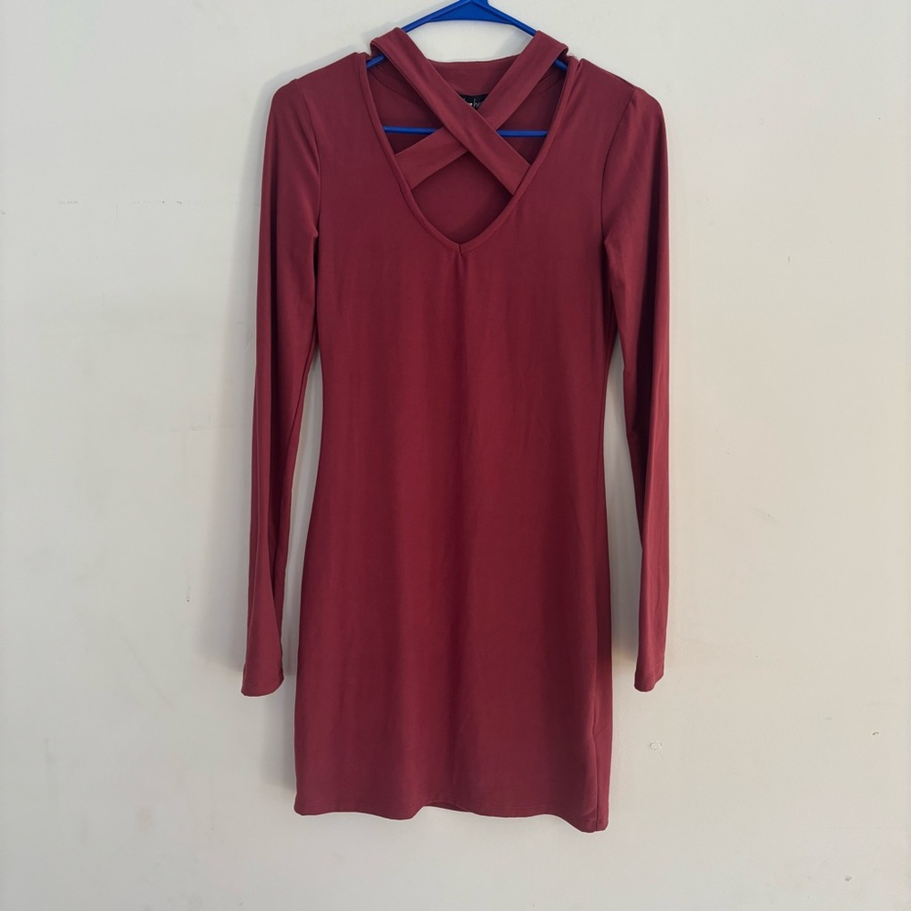 Derek Heart Burgundy Bodycon Dress Criss Cross Neckline Size S